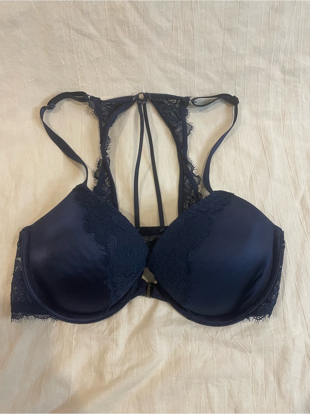 Auden 32C Navy Lace Racerback Front Closure Push Up Bra Strappy Back